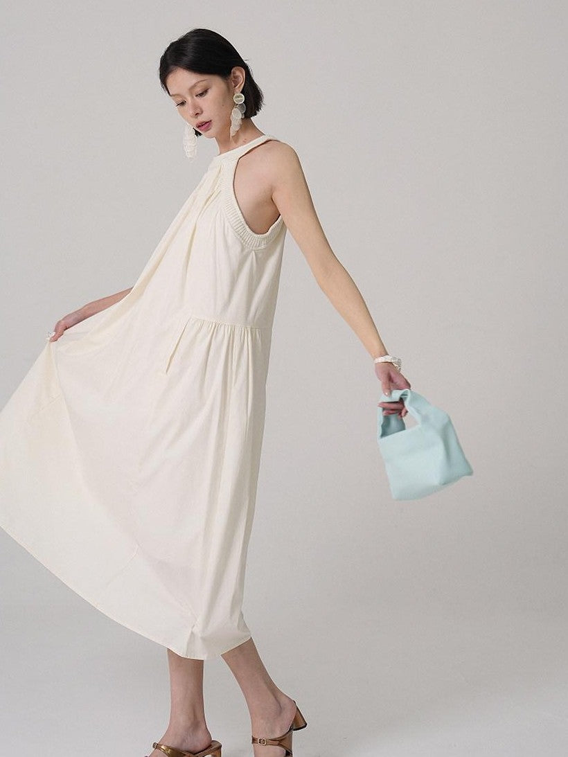 GGLOYDIUS Light Yellow Ruched Pleat A Line Silver Ring Women's Cotton Halter Maxi Dresses