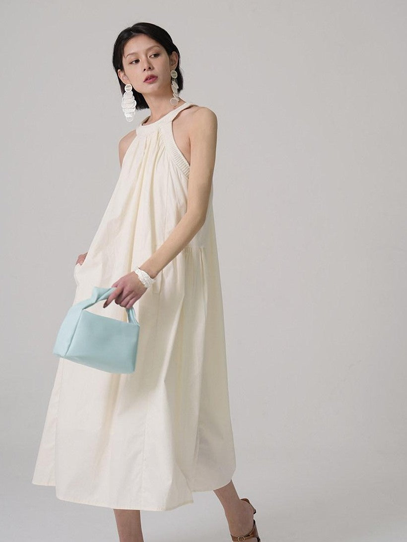 GGLOYDIUS Light Yellow Ruched Pleat A Line Silver Ring Women's Cotton Halter Maxi Dresses