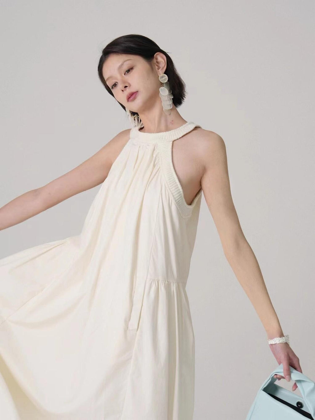 GGLOYDIUS Light Yellow Ruched Pleat A Line Silver Ring Women's Cotton Halter Maxi Dresses