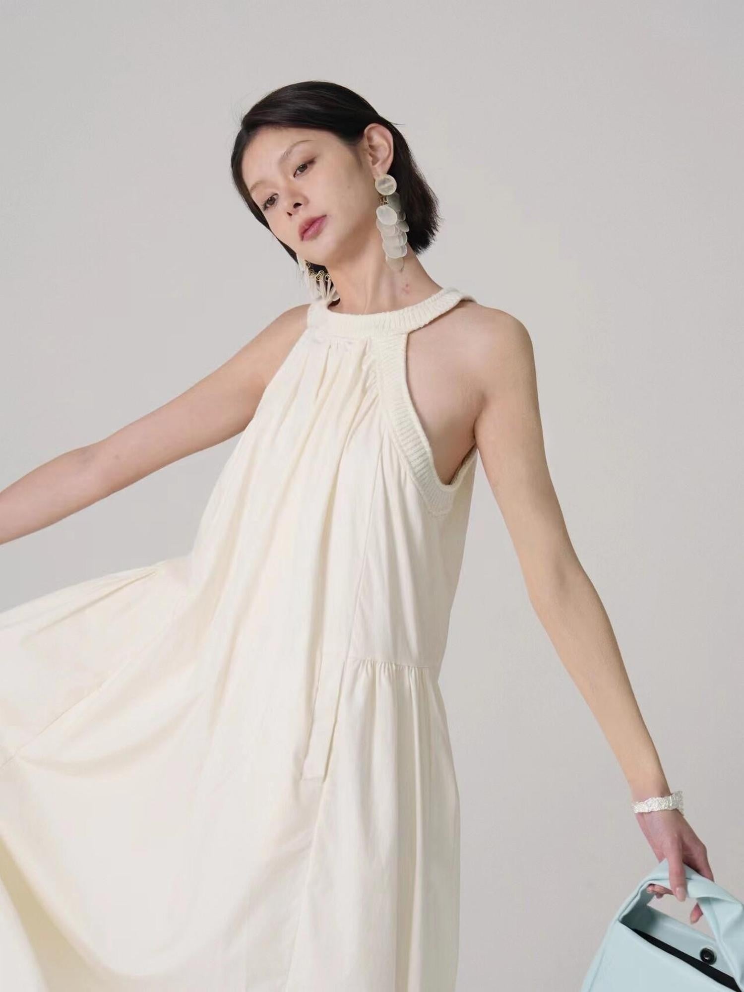 GGLOYDIUS Light Yellow Ruched Pleat A Line Silver Ring Women's Cotton Halter Maxi Dresses