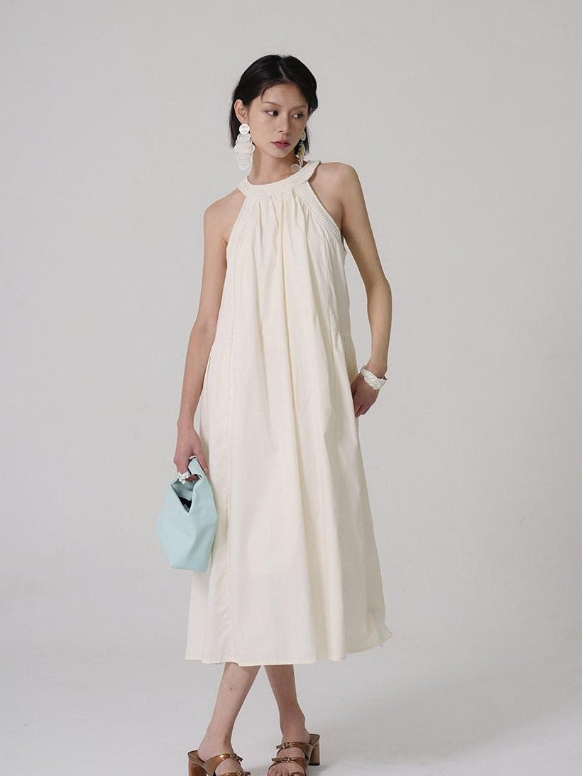 GGLOYDIUS Light Yellow Ruched Pleat A Line Silver Ring Women's Cotton Halter Maxi Dresses