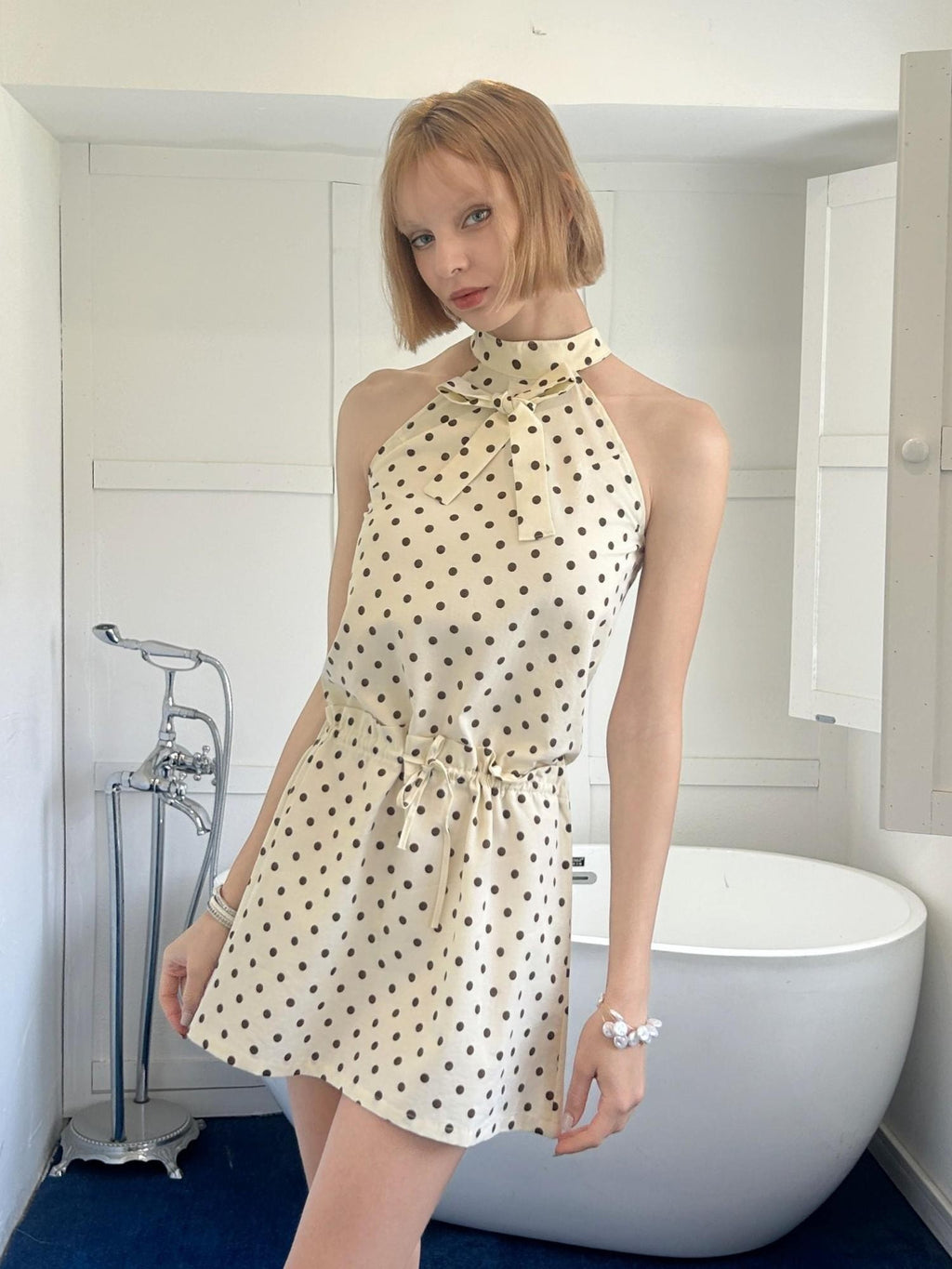 GGLOYDIUS Off White Polka Dot Silver Ring Cinched Waist Women's Cotton Halter Mini Dresses