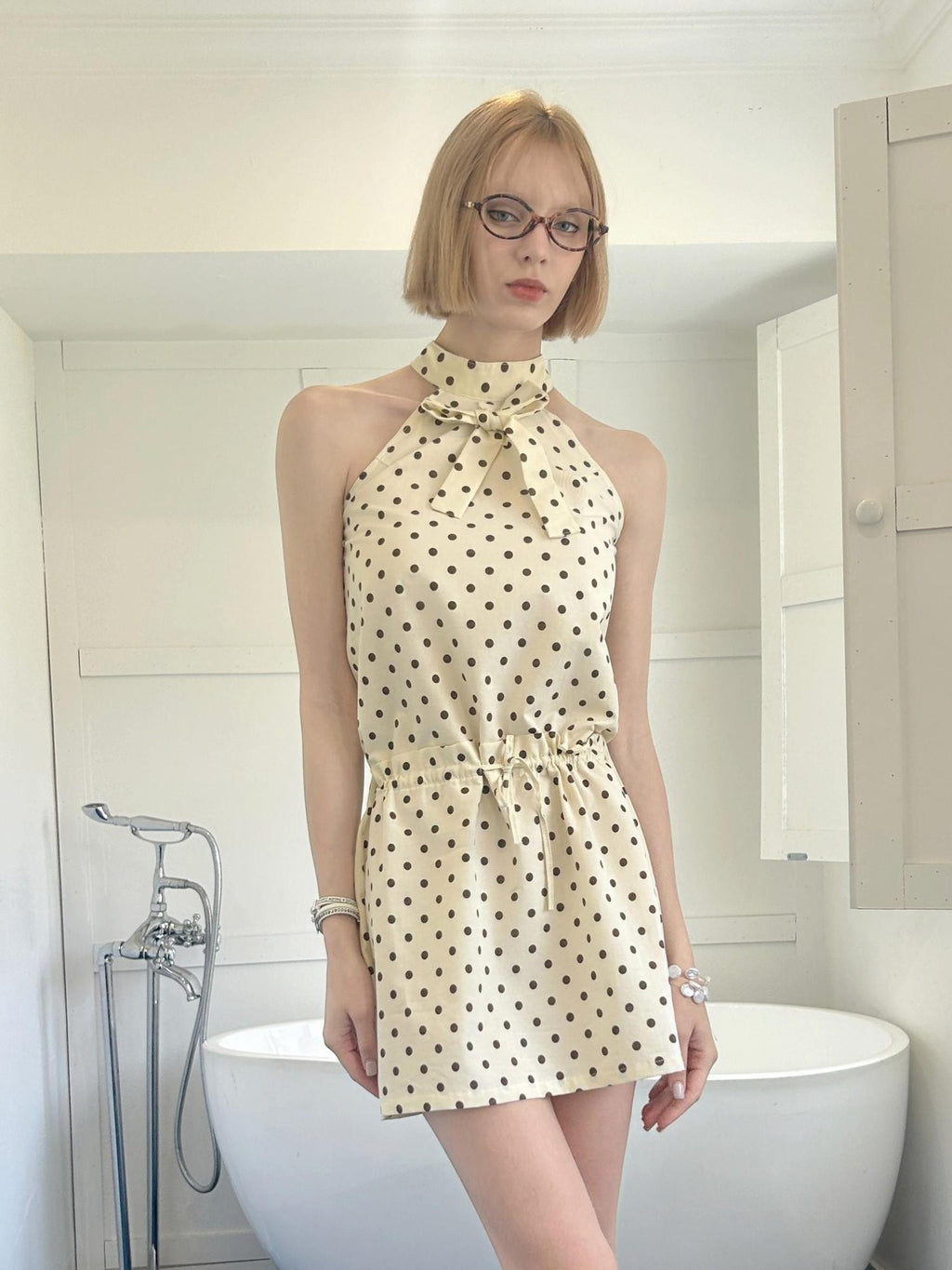 GGLOYDIUS Off White Polka Dot Silver Ring Cinched Waist Women's Cotton Halter Mini Dresses