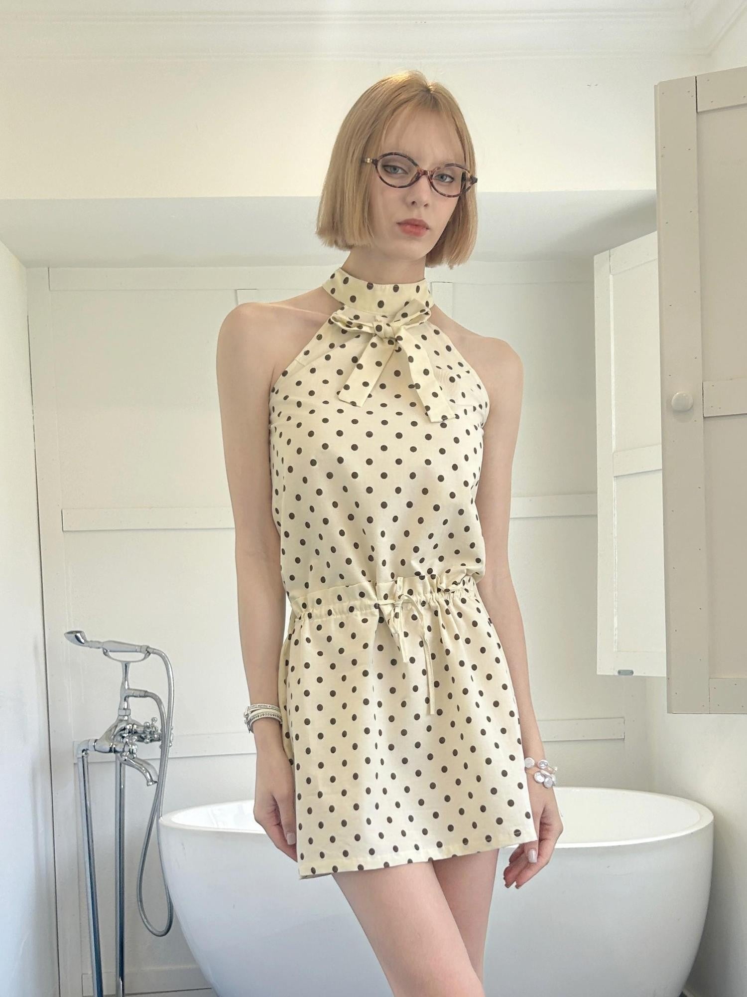 GGLOYDIUS Off White Polka Dot Silver Ring Cinched Waist Women's Cotton Halter Mini Dresses