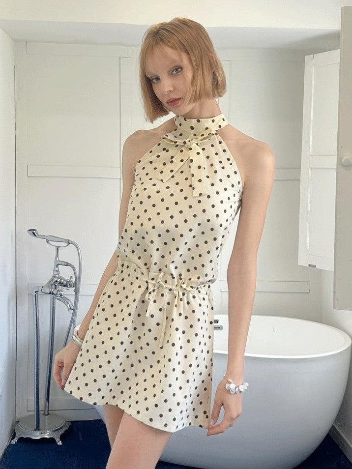 GGLOYDIUS Off White Polka Dot Silver Ring Cinched Waist Women's Cotton Halter Mini Dresses