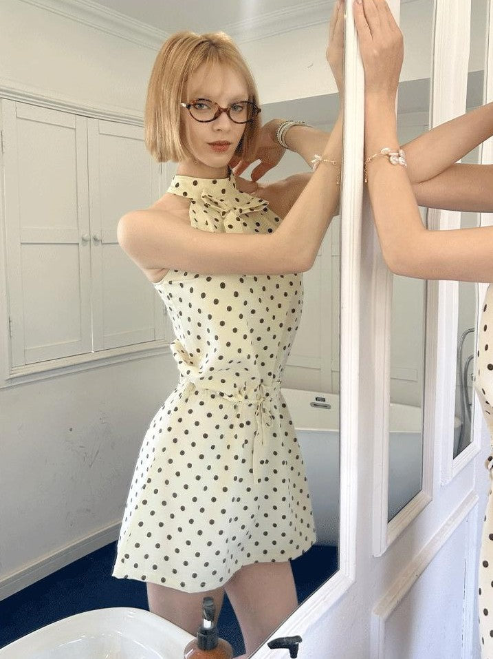 GGLOYDIUS Off White Polka Dot Silver Ring Cinched Waist Women's Cotton Halter Mini Dresses