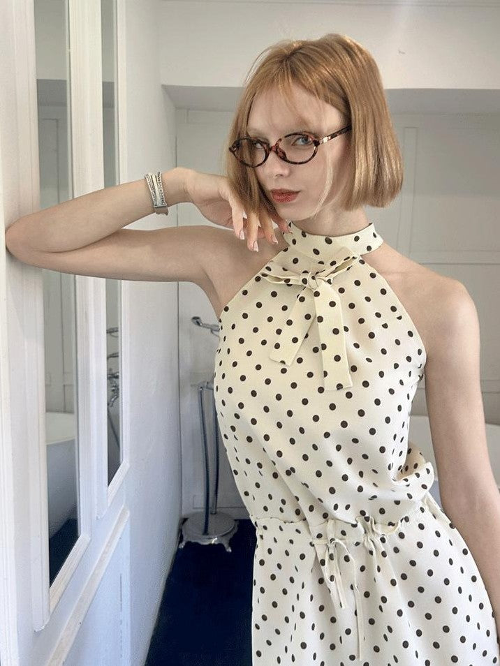 GGLOYDIUS Off White Polka Dot Silver Ring Cinched Waist Women's Cotton Halter Mini Dresses