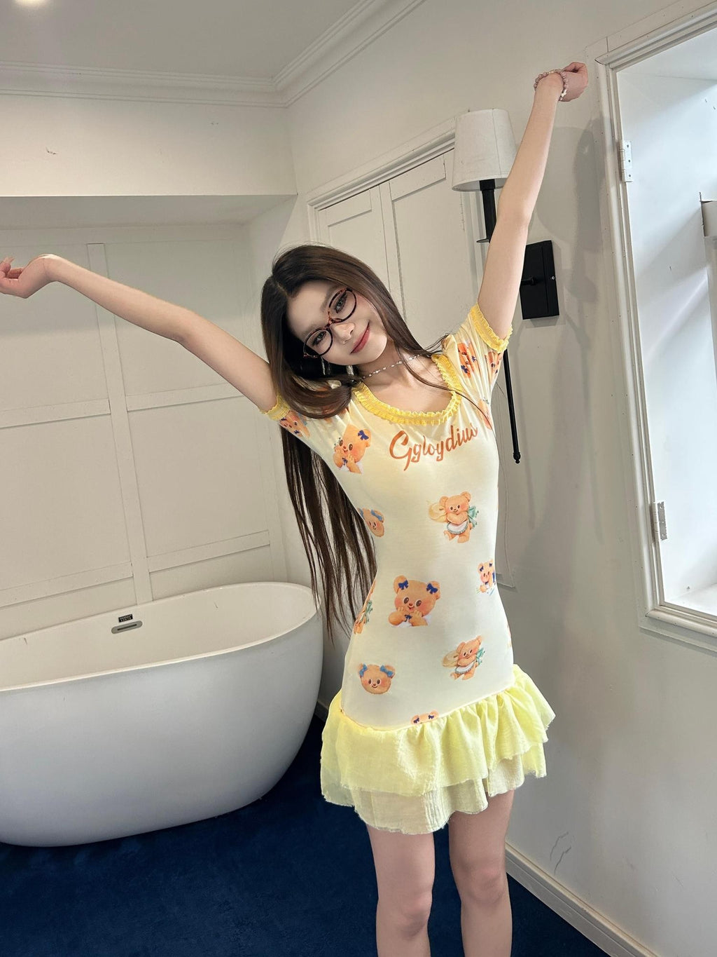GGLOYDIUS Pale Yellow Bear Print Ruffle Square Neck Women's Triacetate Casual Mini Dresses