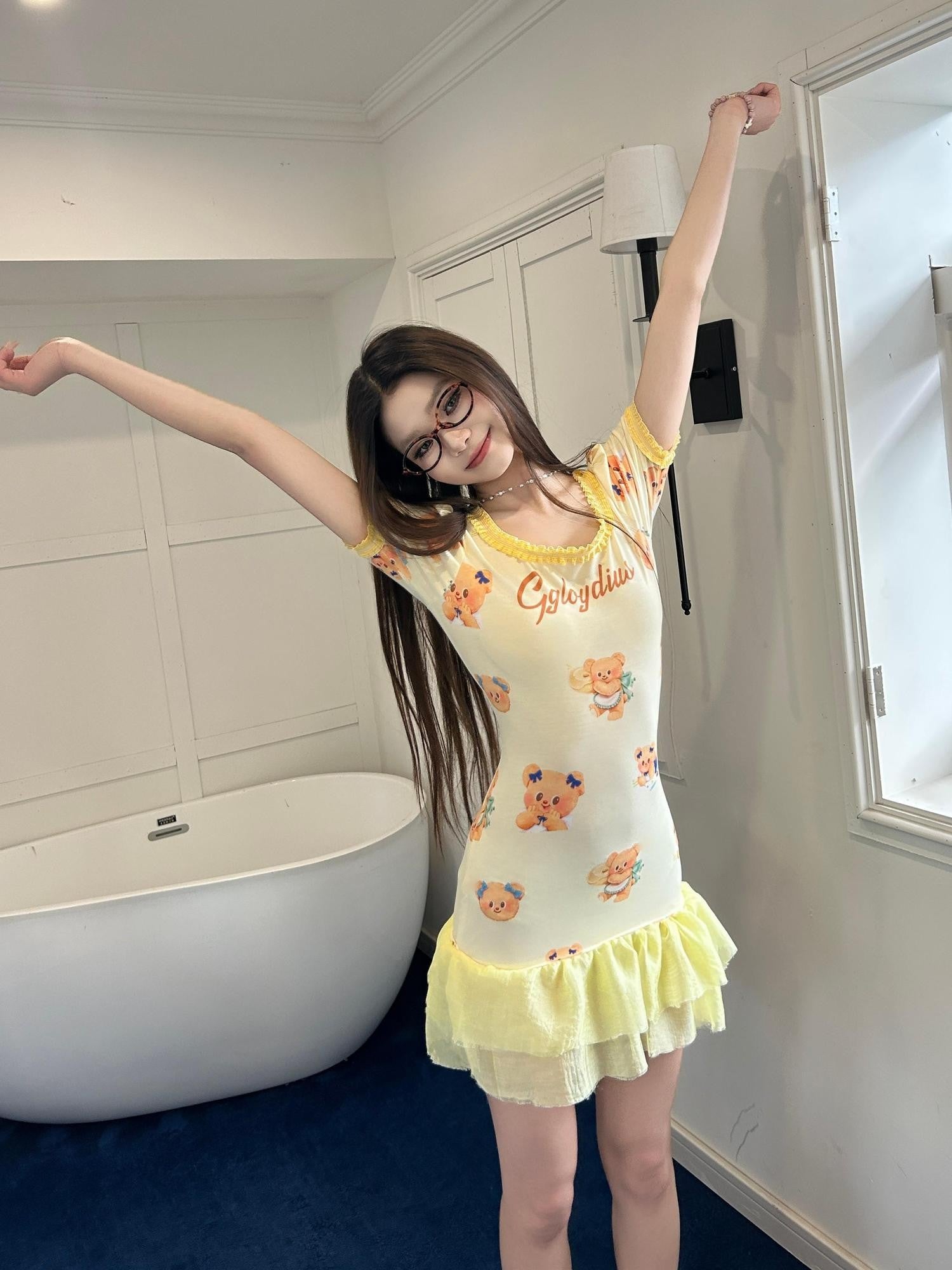 GGLOYDIUS Pale Yellow Bear Print Ruffle Square Neck Women's Triacetate Casual Mini Dresses