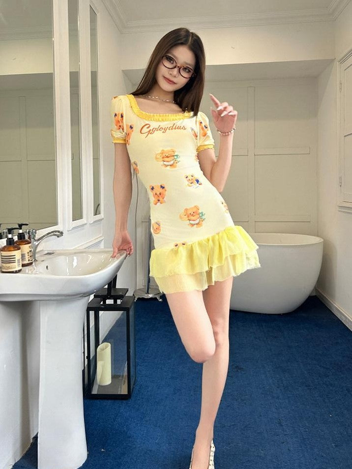 GGLOYDIUS Pale Yellow Bear Print Ruffle Square Neck Women's Triacetate Casual Mini Dresses