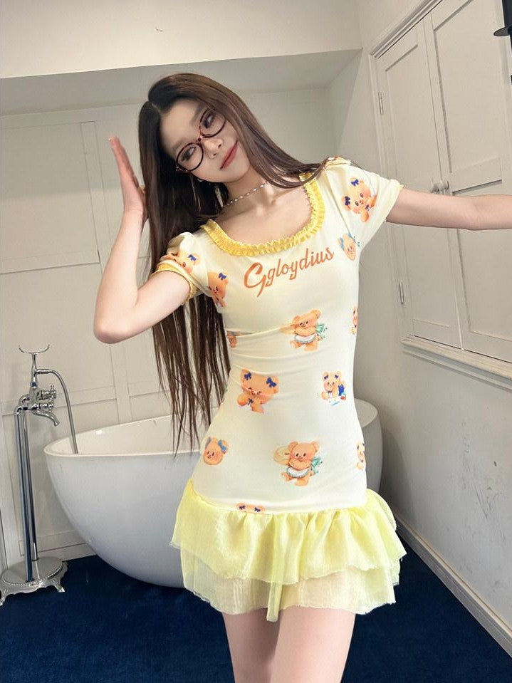 GGLOYDIUS Pale Yellow Bear Print Ruffle Square Neck Women's Triacetate Casual Mini Dresses