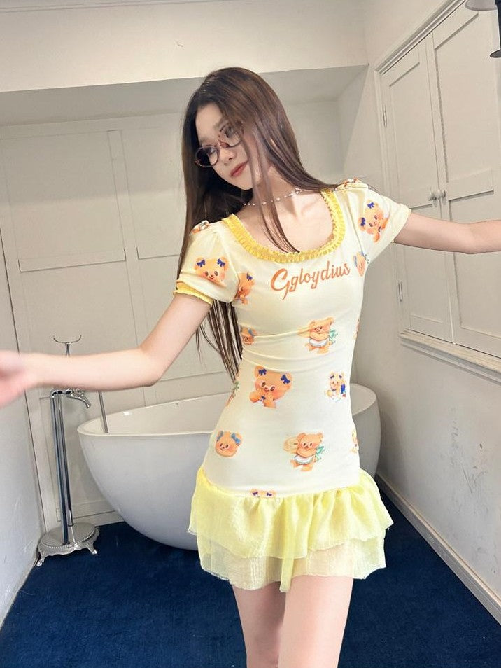 GGLOYDIUS Pale Yellow Bear Print Ruffle Square Neck Women's Triacetate Casual Mini Dresses