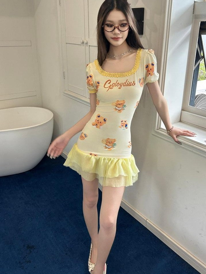 GGLOYDIUS Pale Yellow Bear Print Ruffle Square Neck Women's Triacetate Casual Mini Dresses