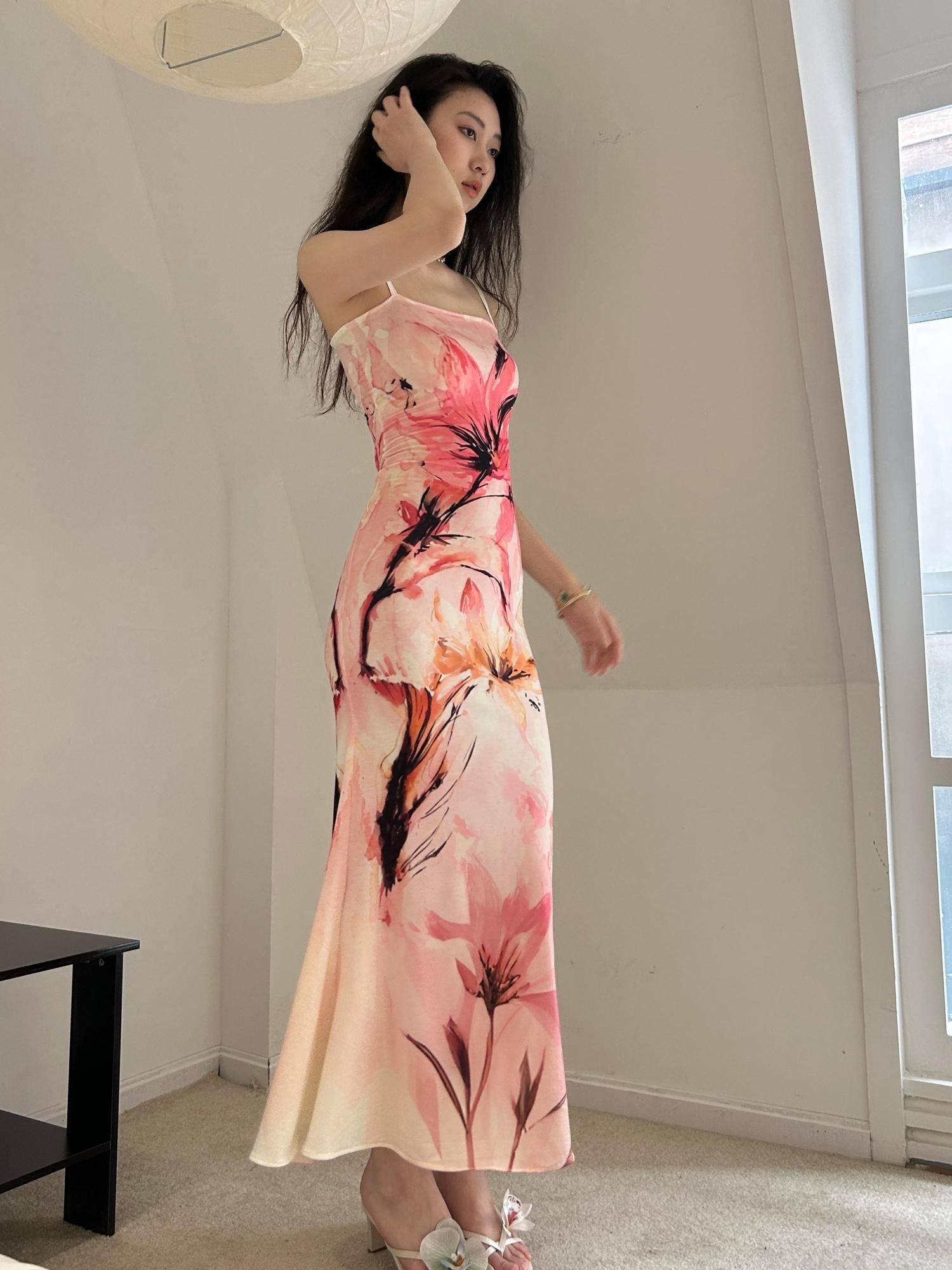 GGLOYDIUS Pink Floral Print Strappy Fishtail Women's Polyester Bodycon Maxi Dresses