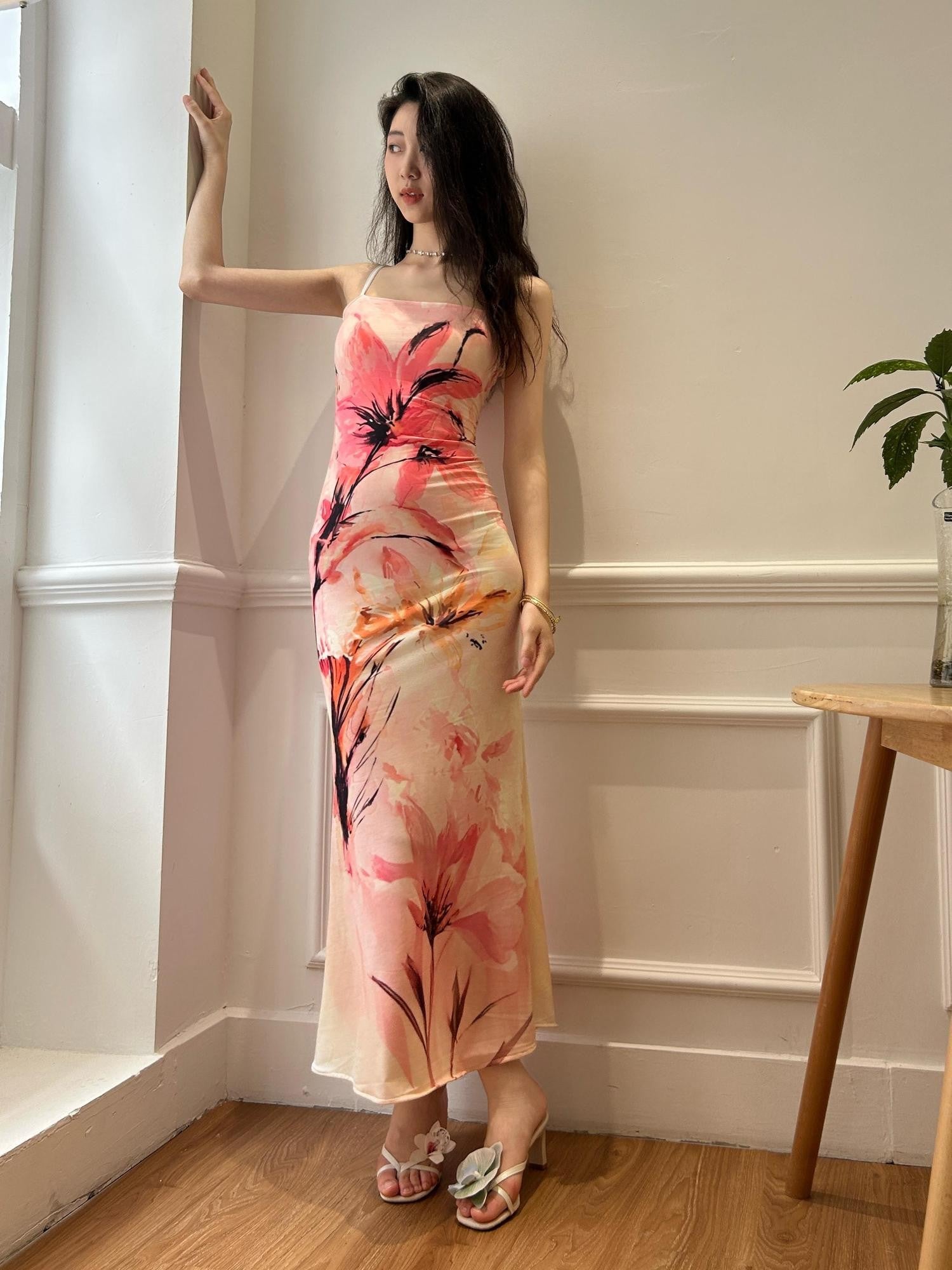 GGLOYDIUS Pink Floral Print Strappy Fishtail Women's Polyester Bodycon Maxi Dresses
