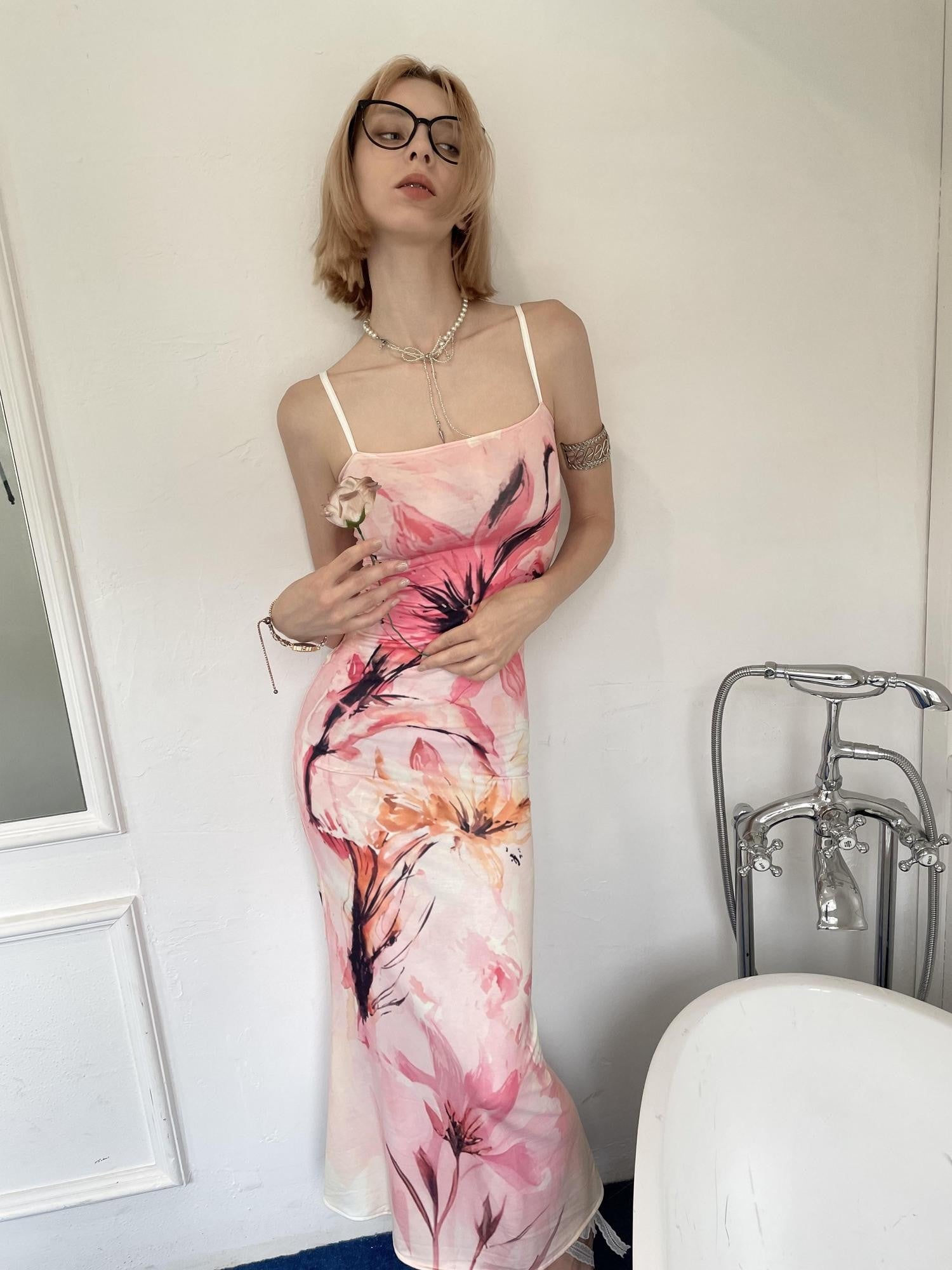 GGLOYDIUS Pink Floral Print Strappy Fishtail Women's Polyester Bodycon Maxi Dresses