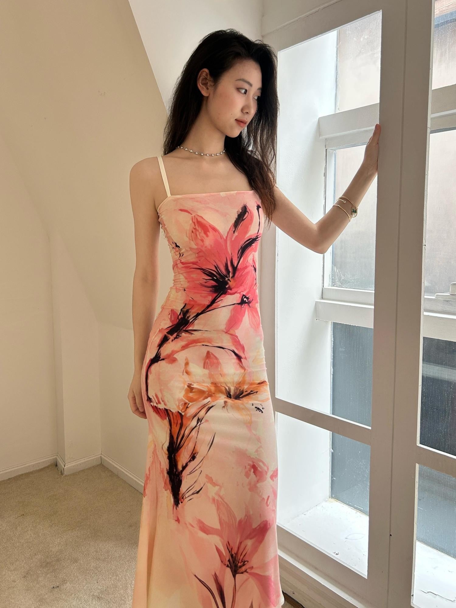GGLOYDIUS Pink Floral Print Strappy Fishtail Women's Polyester Bodycon Maxi Dresses