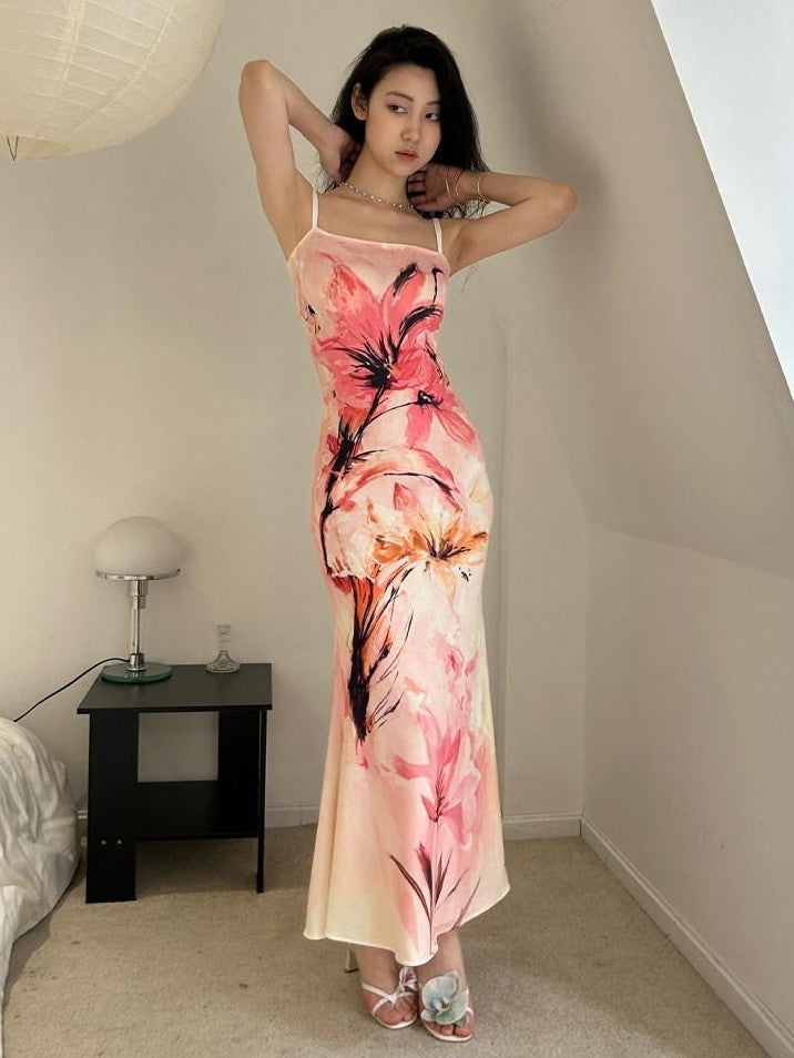 GGLOYDIUS Pink Floral Print Strappy Fishtail Women's Polyester Bodycon Maxi Dresses
