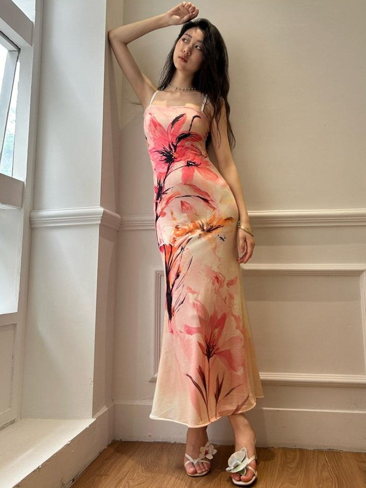 GGLOYDIUS Pink Floral Print Strappy Fishtail Women's Polyester Bodycon Maxi Dresses