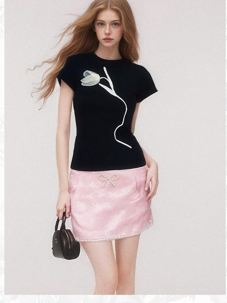GGLOYDIUS Pink Pearl Bow Jacquard Lace Women's Polyester Bodycon Skirts