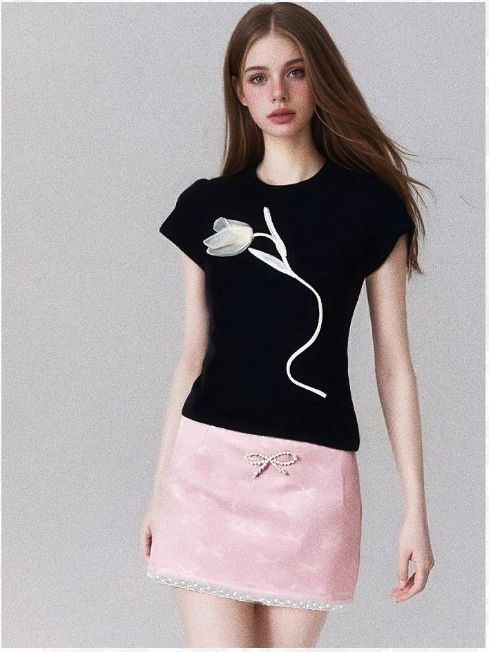 GGLOYDIUS Pink Pearl Bow Jacquard Lace Women's Polyester Bodycon Skirts