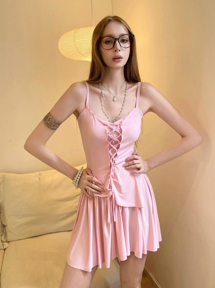 GGLOYDIUS Pink Spaghetti Tie Waist Women's Polyester Blend Slip Midi Dresses