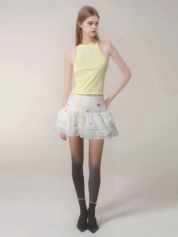 GGLOYDIUS Pleated Bow Print Cake Skirt Women's Polyester Casual Top & Skirt Sets