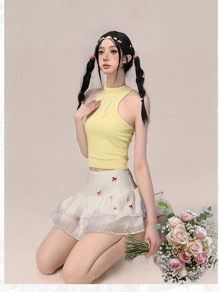 GGLOYDIUS Pleated Bow Print Cake Skirt Women's Polyester Casual Top & Skirt Sets