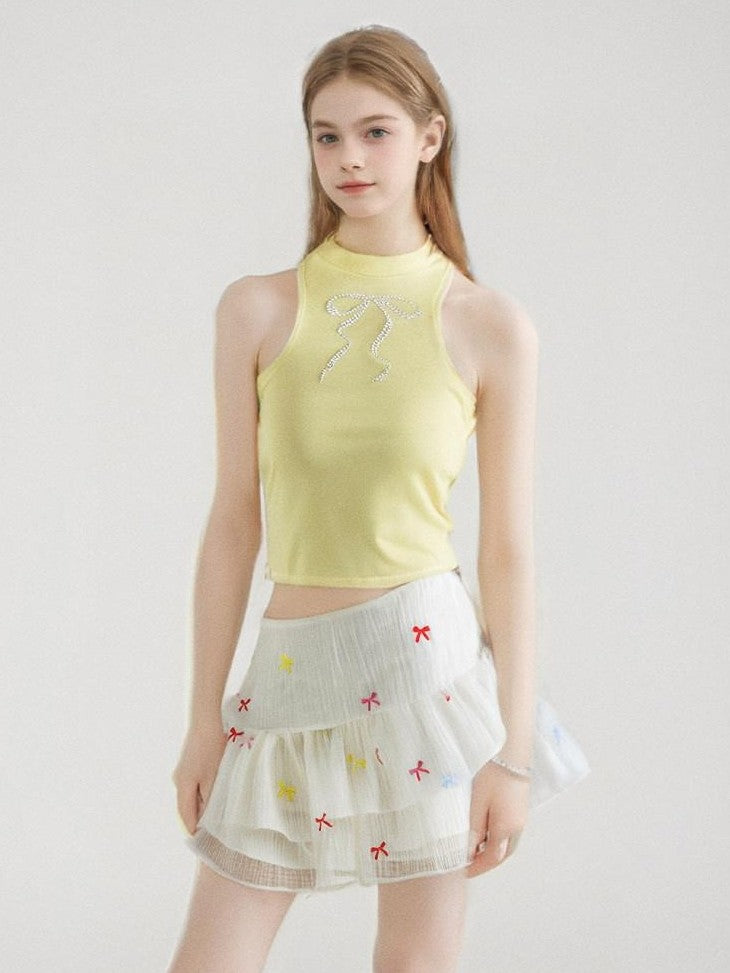 GGLOYDIUS Pleated Bow Print Cake Skirt Women's Polyester Casual Top & Skirt Sets