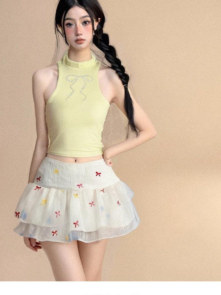 GGLOYDIUS Pleated Bow Print Cake Skirt Women's Polyester Casual Top & Skirt Sets