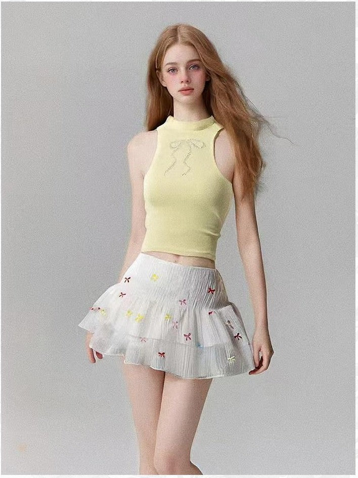 GGLOYDIUS Pleated Bow Print Cake Skirt Women's Polyester Casual Top & Skirt Sets