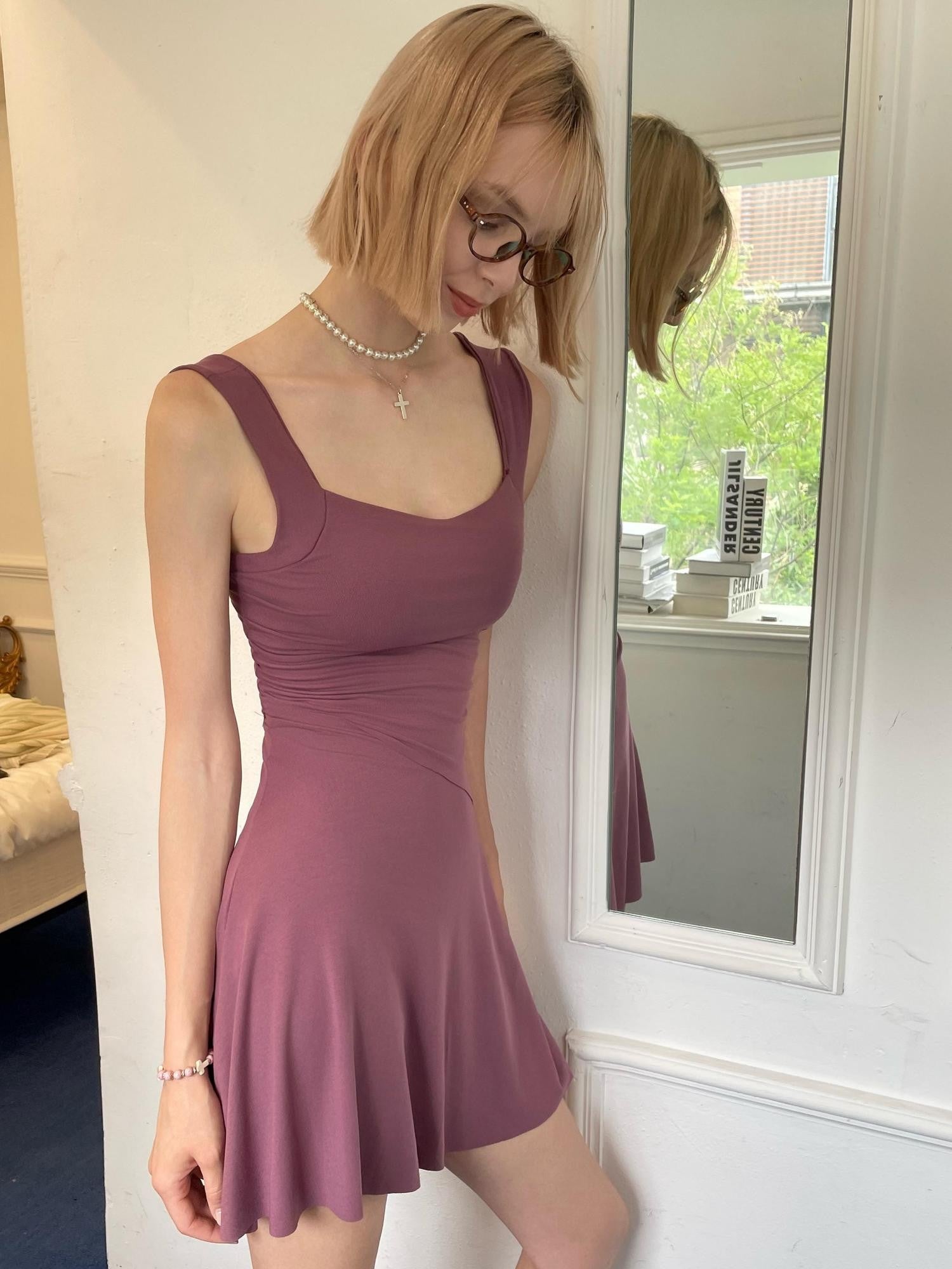 GGLOYDIUS Plum Square Neck Spaghetti A Line Women's Viscose Knit Slip Midi Dresses