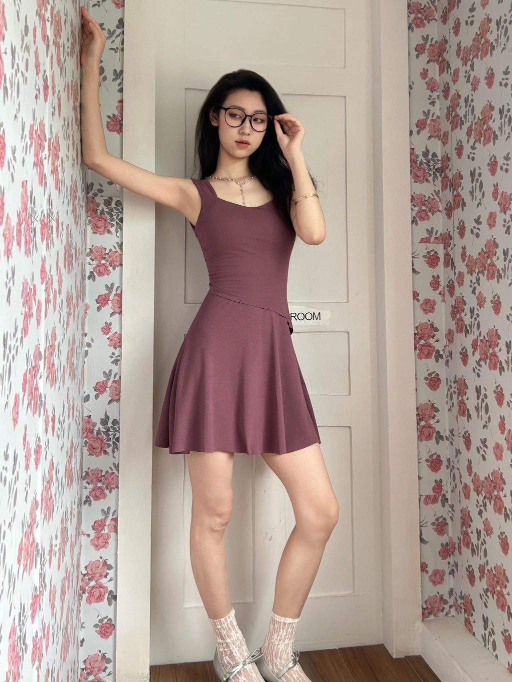 GGLOYDIUS Plum Square Neck Spaghetti A Line Women's Viscose Knit Slip Midi Dresses