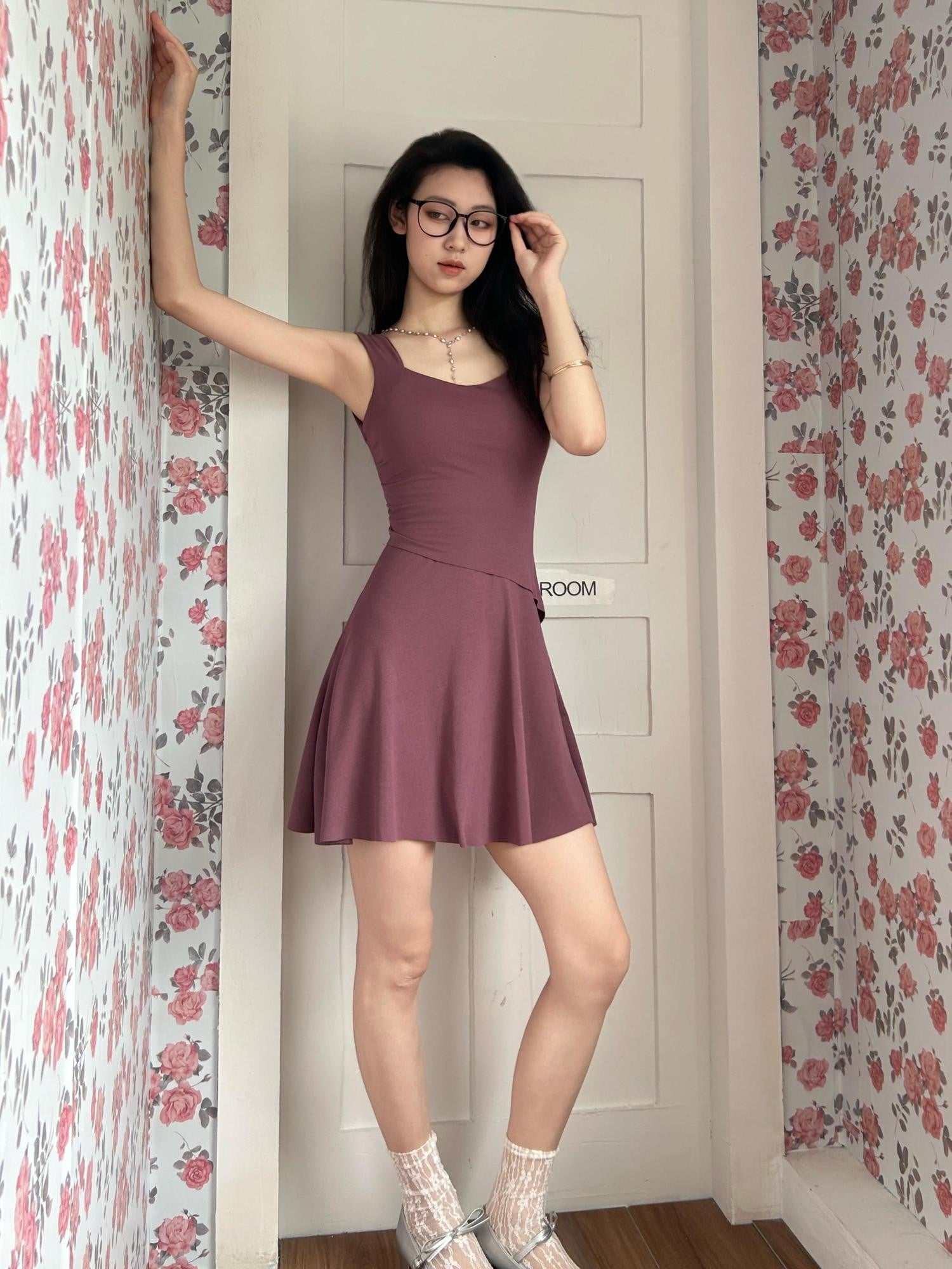 GGLOYDIUS Plum Square Neck Spaghetti A Line Women's Viscose Knit Slip Midi Dresses