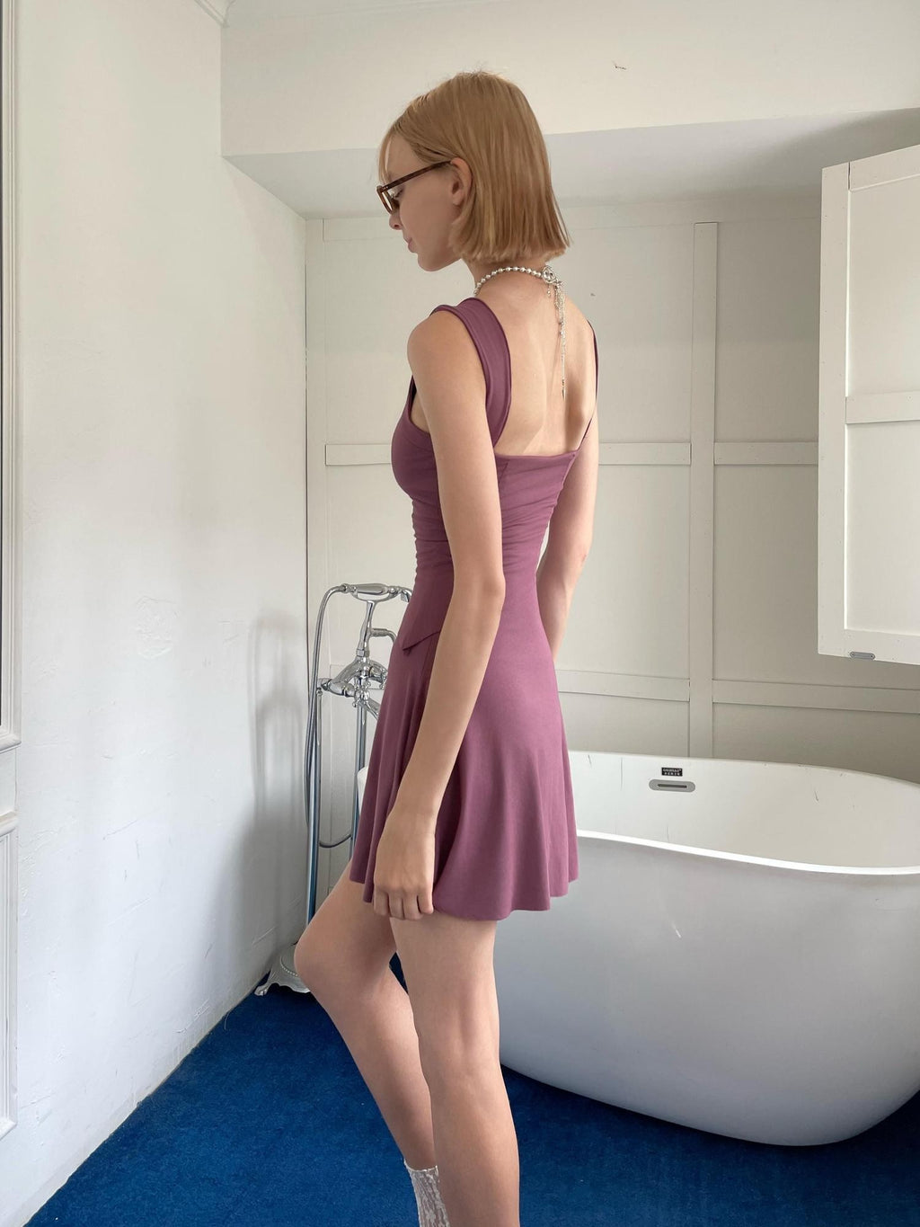 GGLOYDIUS Plum Square Neck Spaghetti A Line Women's Viscose Knit Slip Midi Dresses