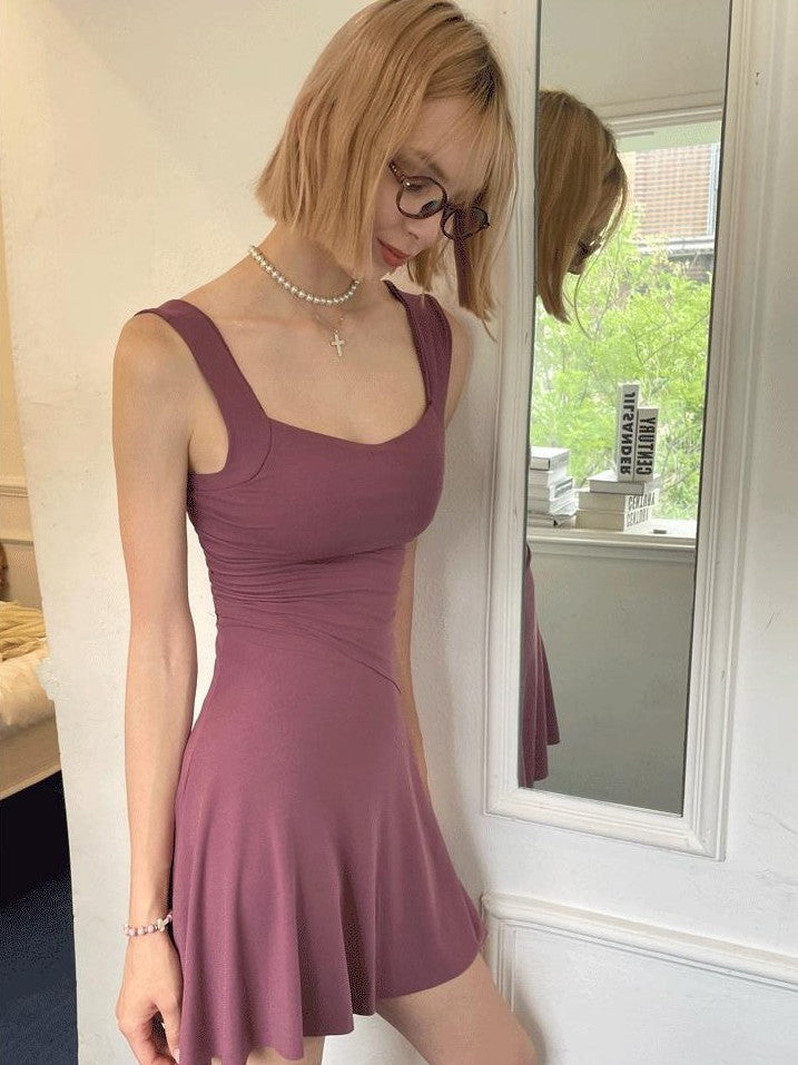 GGLOYDIUS Plum Square Neck Spaghetti A Line Women's Viscose Knit Slip Midi Dresses