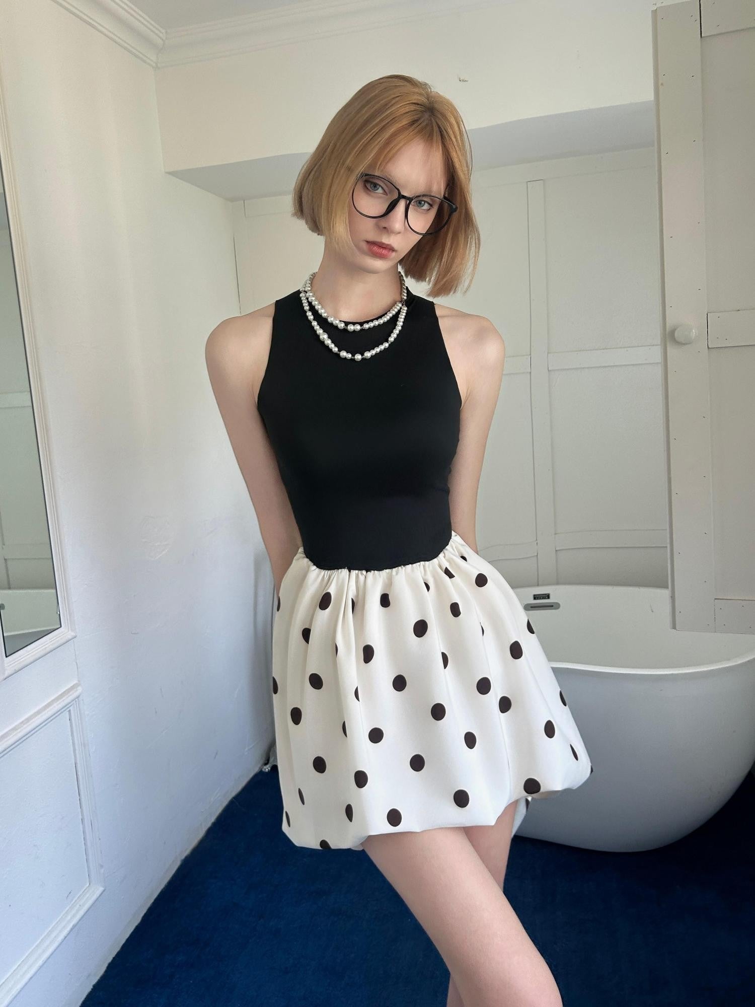 GGLOYDIUS Polka Dot Cinched Waist Women's Triacetate Panelled Casual Midi Dresses