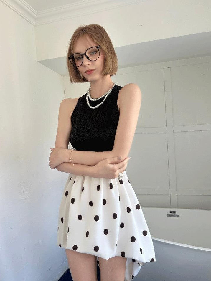 GGLOYDIUS Polka Dot Cinched Waist Women's Triacetate Panelled Casual Midi Dresses