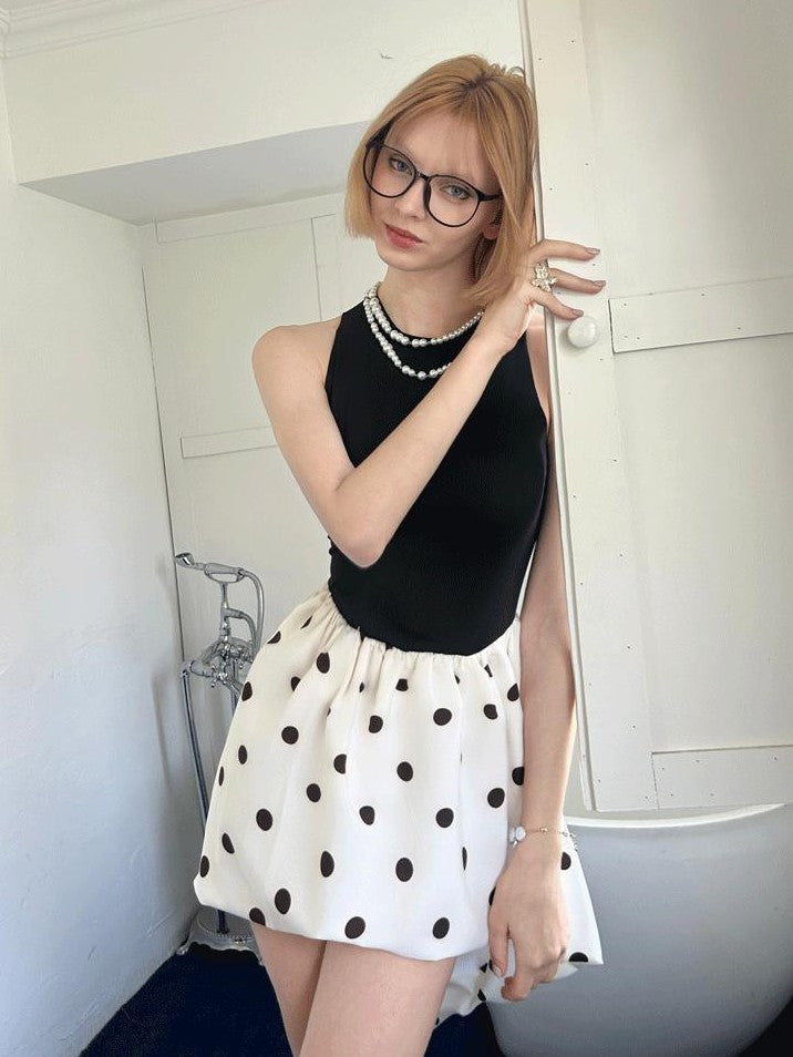 GGLOYDIUS Polka Dot Cinched Waist Women's Triacetate Panelled Casual Midi Dresses