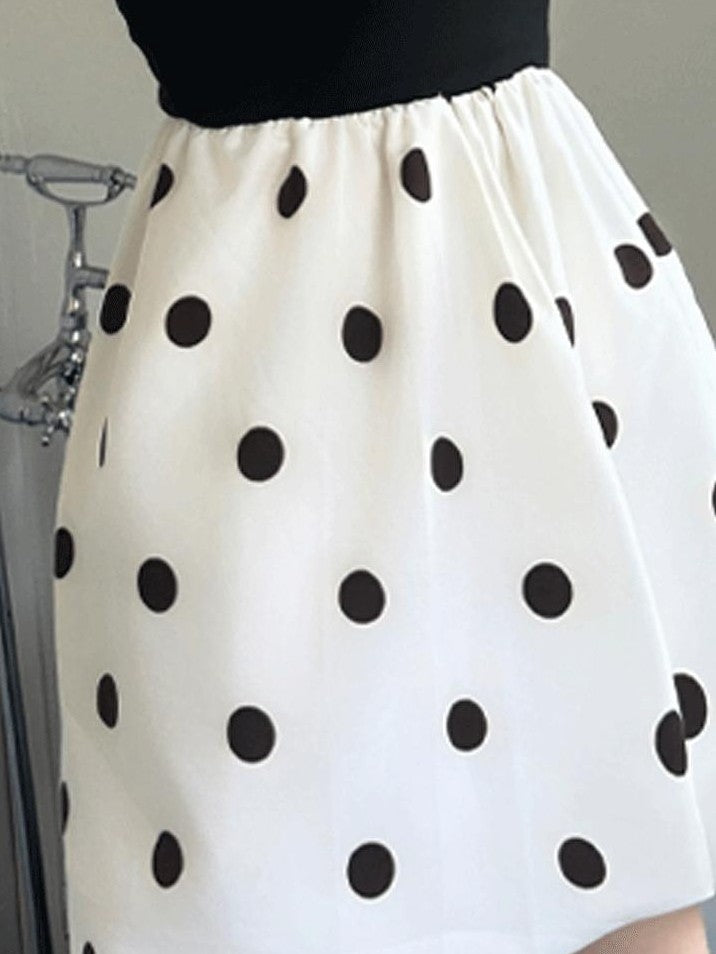 GGLOYDIUS Polka Dot Cinched Waist Women's Triacetate Panelled Casual Midi Dresses