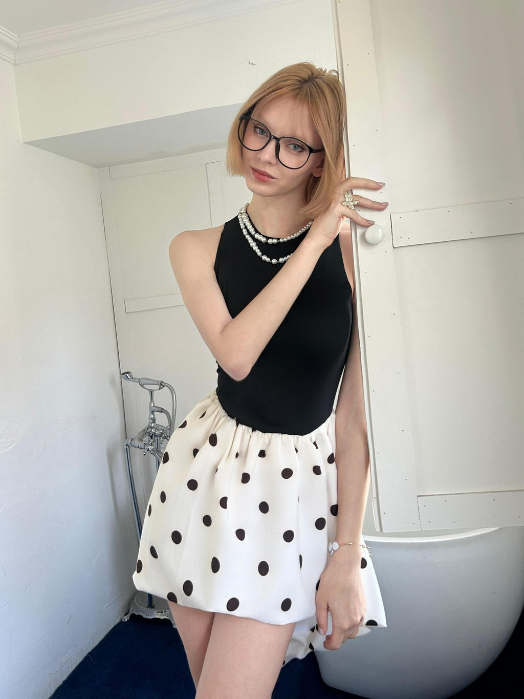 GGLOYDIUS Polka Dot Cinched Waist Women's Triacetate Panelled Casual Midi Dresses
