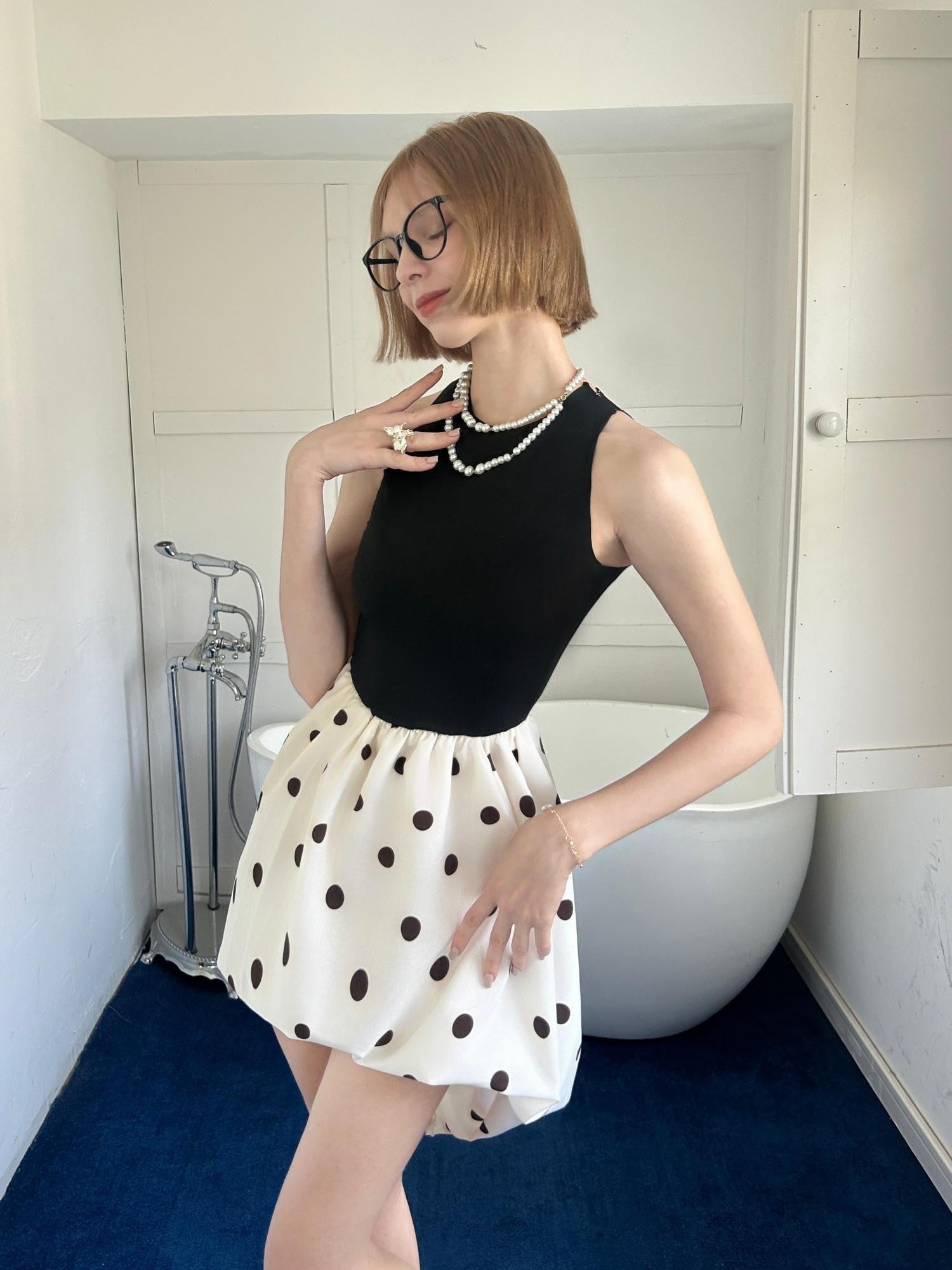 GGLOYDIUS Polka Dot Cinched Waist Women's Triacetate Panelled Casual Midi Dresses