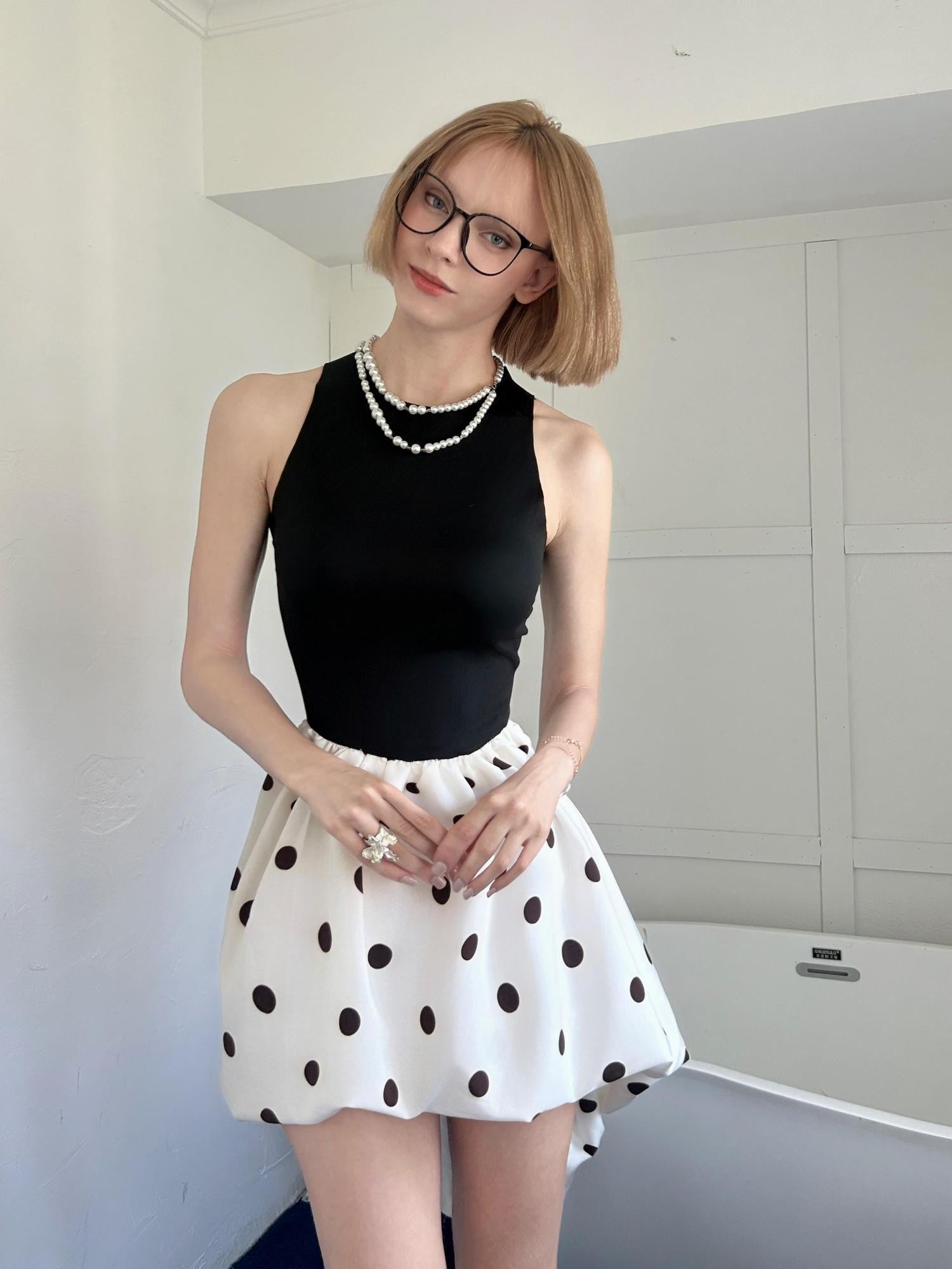 GGLOYDIUS Polka Dot Cinched Waist Women's Triacetate Panelled Casual Midi Dresses