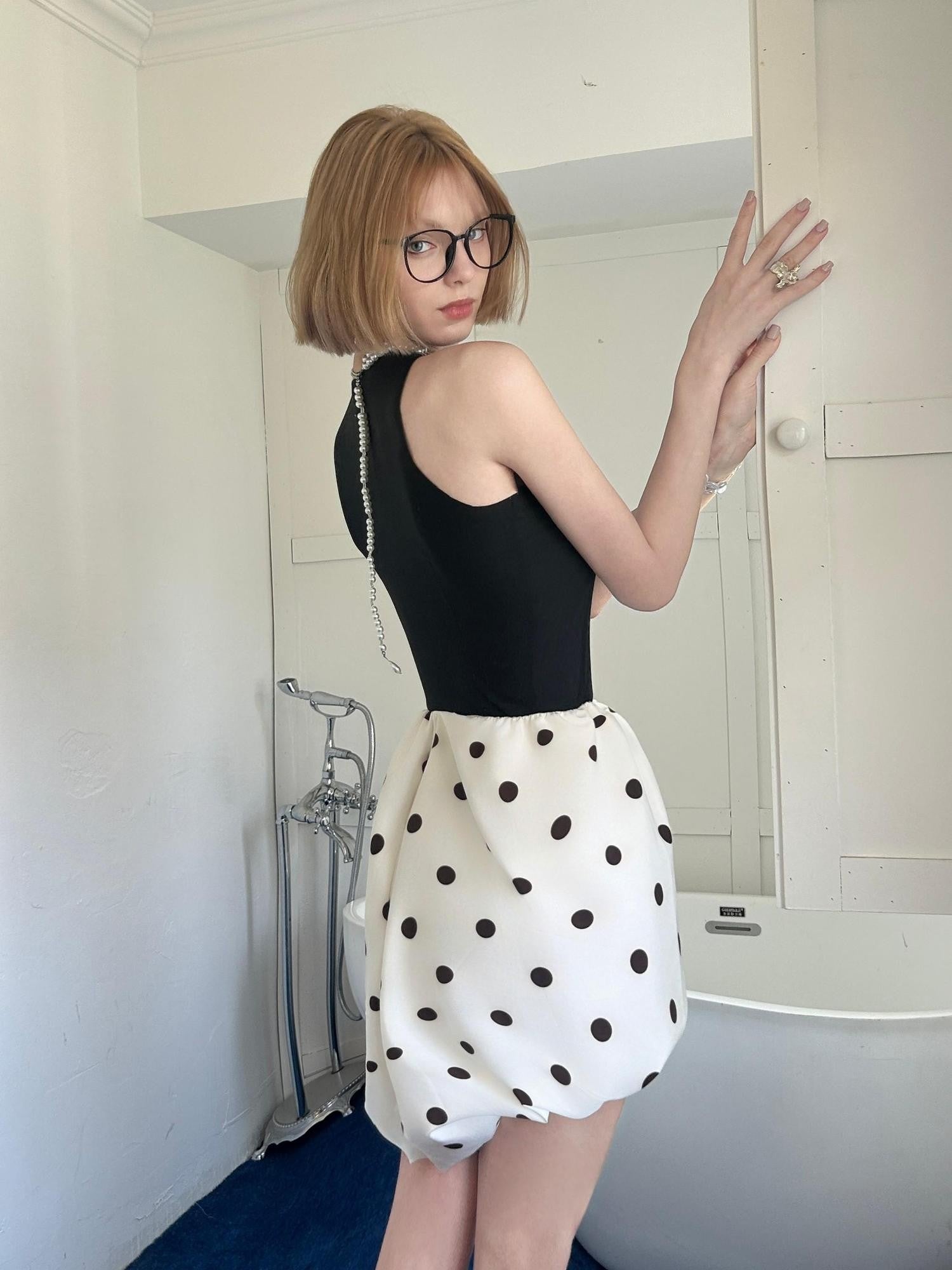 GGLOYDIUS Polka Dot Cinched Waist Women's Triacetate Panelled Casual Midi Dresses