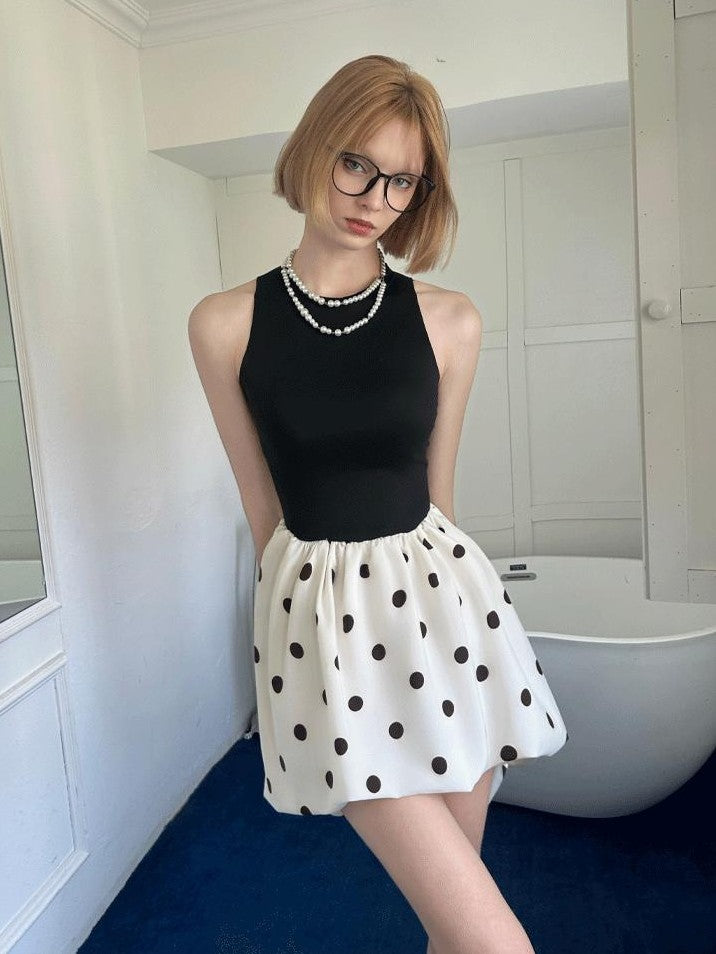 GGLOYDIUS Polka Dot Cinched Waist Women's Triacetate Panelled Casual Midi Dresses