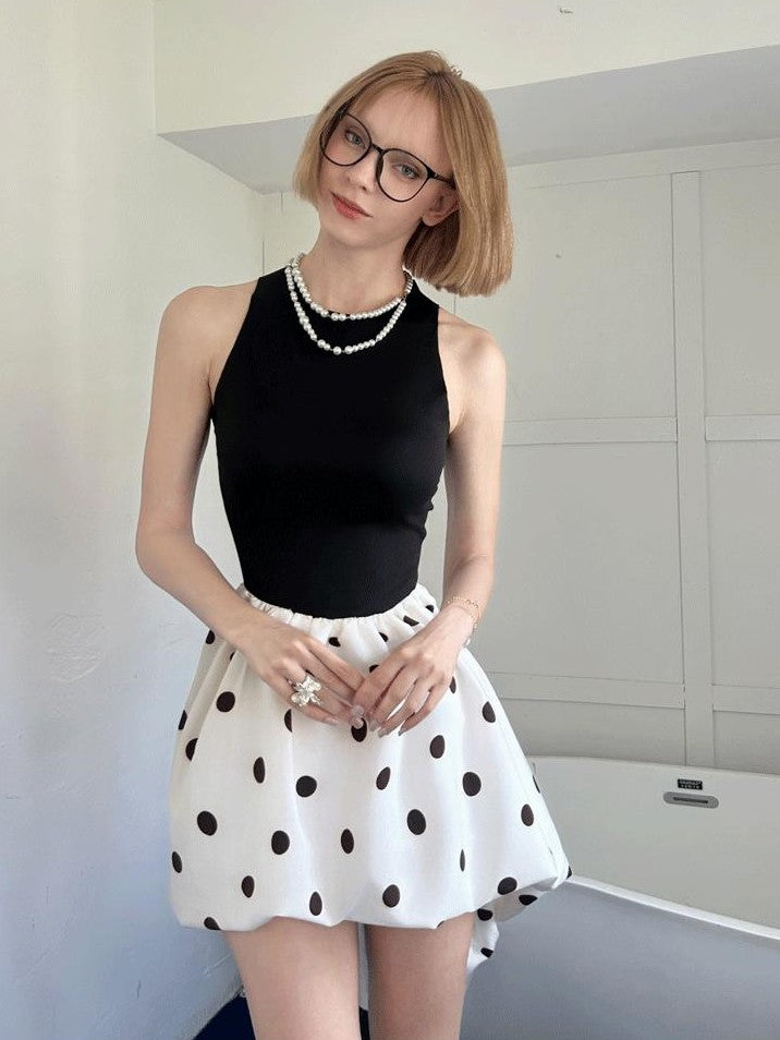 GGLOYDIUS Polka Dot Cinched Waist Women's Triacetate Panelled Casual Midi Dresses