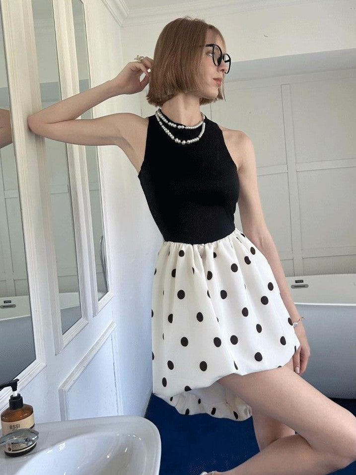 GGLOYDIUS Polka Dot Cinched Waist Women's Triacetate Panelled Casual Midi Dresses