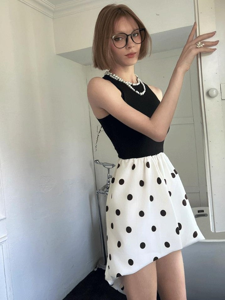 GGLOYDIUS Polka Dot Cinched Waist Women's Triacetate Panelled Casual Midi Dresses