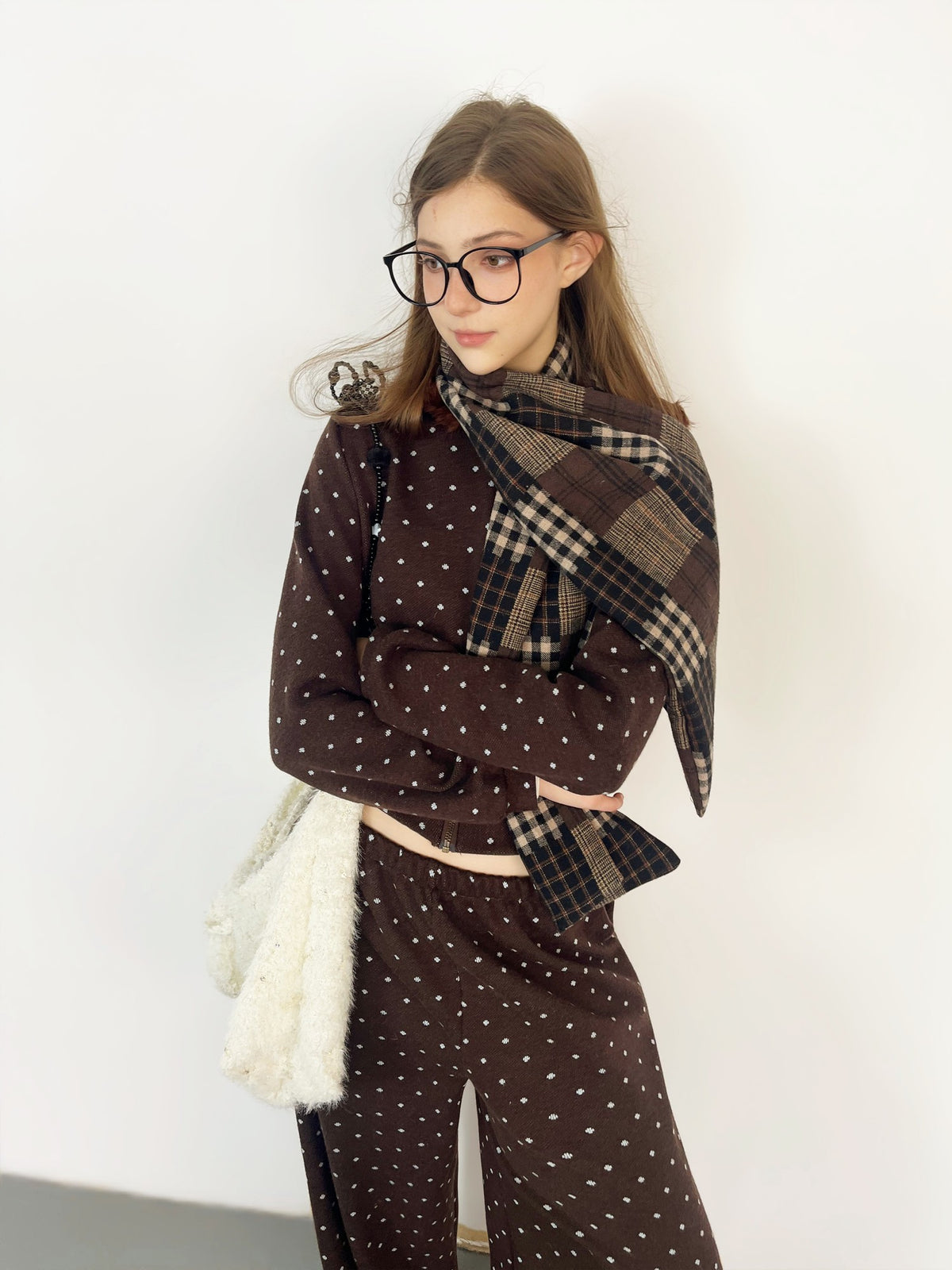 GGLOYDIUS Polka Dot Coffee Brown Cropped Jacket Wide Leg Pants Women's Casual Top & Pants Sets