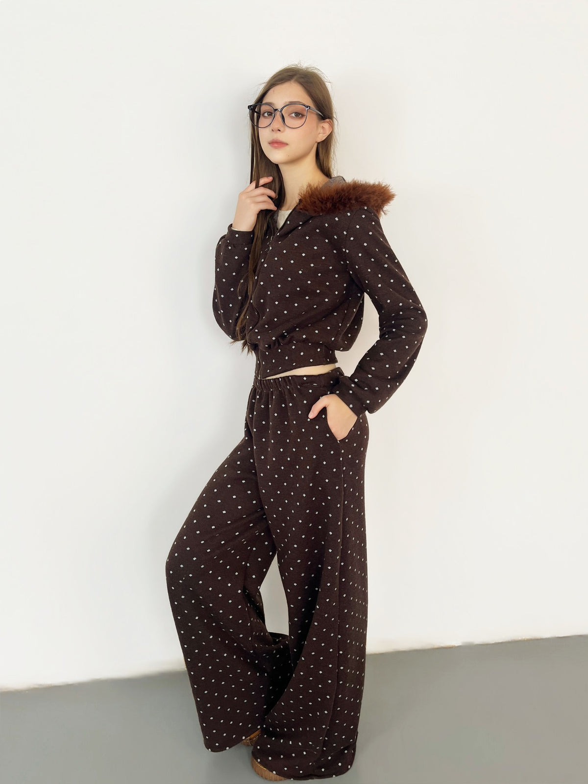 GGLOYDIUS Polka Dot Coffee Brown Cropped Jacket Wide Leg Pants Women's Casual Top & Pants Sets